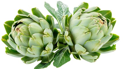 Fototapeta premium Two fresh green artichokes that have layered leaves and thick stems are isolated on a white background, showcasing a creation from Generative AI. The artichokes' unique structure and vibrant green 