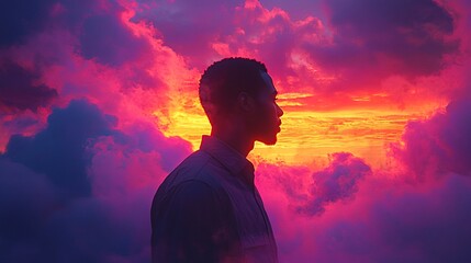 Obraz premium Man standing in front of sunset with dramatic twilight sky in pink and purple hues