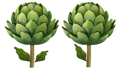 Two fresh green artichokes that have layered leaves and thick stems are isolated on a white background, showcasing a creation from Generative AI. The artichokes' unique structure and vibrant green 