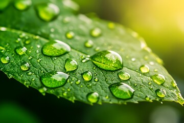 A Vibrant Green Leaf Glistening With Morning Dew, Capturing The Freshness Of Natures Gentle Embrace In Soft Sunlight
