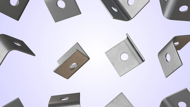 Metal Angle Supports Falling on a Light Background. Angle Brackets 3D Animation. 4K