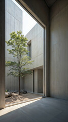 Fototapeta premium A tree framed by a modern concrete opening with natural light.