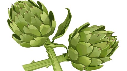 Fototapeta premium Two fresh green artichokes that have layered leaves and thick stems are isolated on a white background, showcasing a creation from Generative AI. The artichokes' unique structure and vibrant green 
