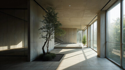 A modern indoor space with soft lighting and a small tree.