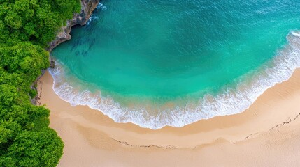 Beach waves landscapes idea. Aerial view of a serene beach with turquoise water and lush green surroundings.