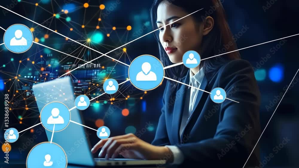 Poster a business professional sits at a laptop, focused on work, surrounded by a complex digital network o
