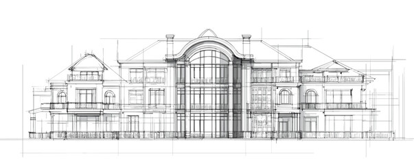 Obraz premium Architectural blueprint of large classic building with symmetrical design and arched windows.