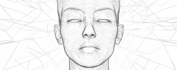 Abstract wireframe illustration of a human face with geometric patterns.