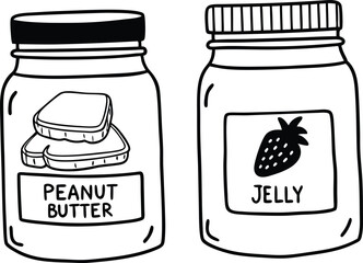 Black and White Illustration of Jam and Spread Jars on Checkered Tablecloth