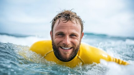 A joyful man wearing a bright wetsuit is smiling while swimming in the ocean, embodying the spirit of adventure and nature, showcasing excitement and freedom in water sports.