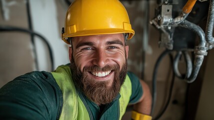 A cheerful construction worker dons a bright safety helmet and vest while smiling confidently. Represents the importance of safety and positivity on job sites.