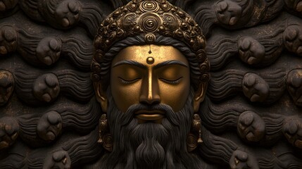 Obraz premium Ravana in deep meditation, his ten heads reflecting divine wisdom, cosmic energy flowing around him.