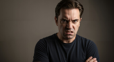 Fototapeta premium A man with intense eyes and tense body language displays controlled anger in a simple, uncluttered setting.