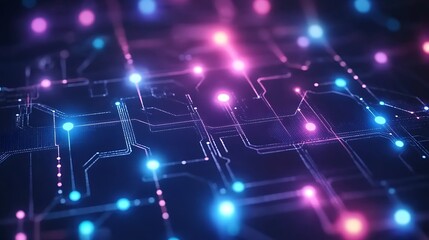 Obraz premium Futuristic Circuit Board Design with Glowing Nodes and Intricate Network of Connections