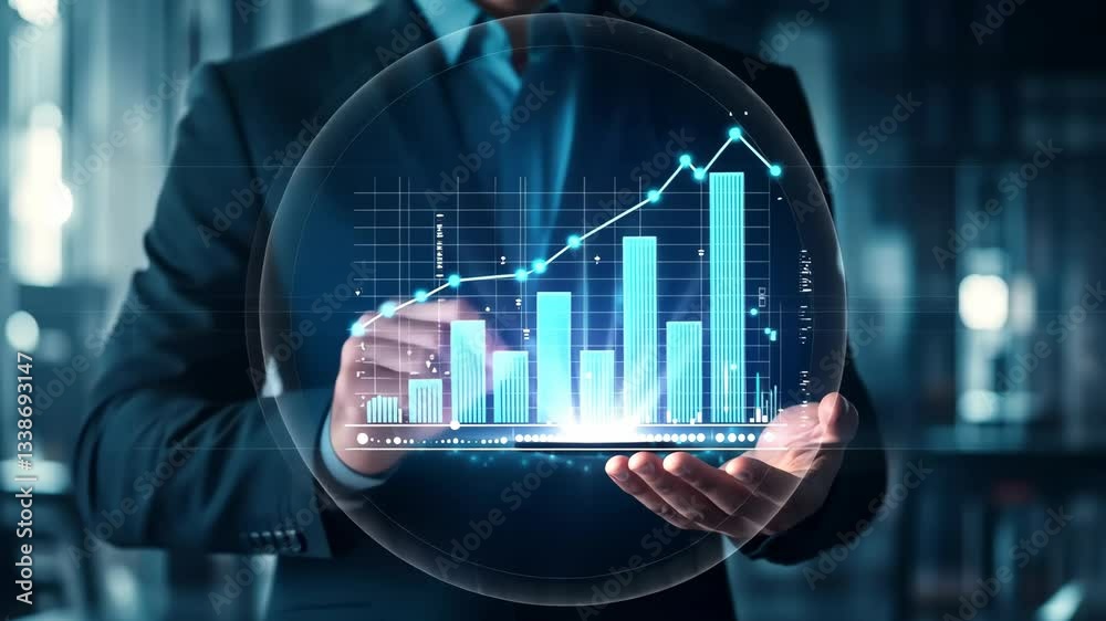 Aufkleber A confident professional holds a glowing sphere with dynamic charts, symbolizing growth and the importance of data analysis in a hightech business environment focused on innovation and progress