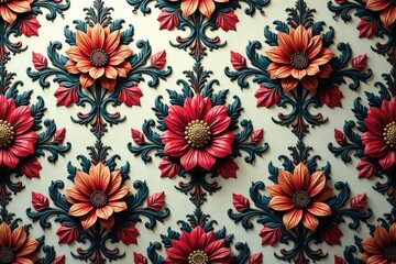 Intricate floral damask, repeating pattern on fabric, paper, ornate