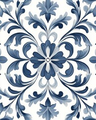 Fototapeta premium Elegant floral pattern in blue and white creating a symmetrical design for backgrounds and textiles