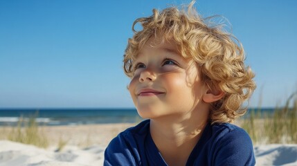 A young boy looking into the distance on a beach during sunset.