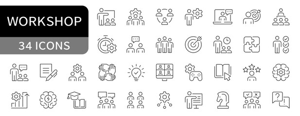 Workshop simple line icons set. Training, workshop, coaching, presentation editable stroke icon vector