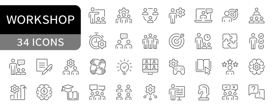 Workshop simple line icons set. Training, workshop, coaching, presentation editable stroke icon vector