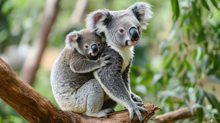 Koalas mother and baby on a tree branch. Nature scene.  Possible use Education, wildlife, conservation