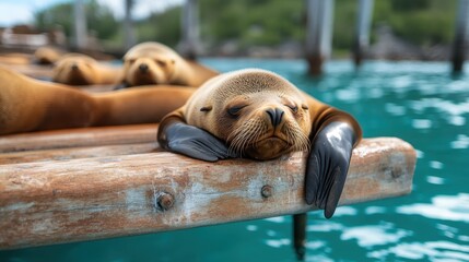 Sea lions lie lazily on a dock with crystal clear turquoise waters surrounding them, reflecting a peaceful and relaxed atmosphere of marine life in nature.