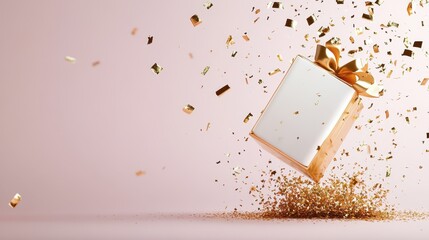A luxurious gift box adorned with a golden bow explodes with colorful confetti, capturing the excitement and joy of giving and receiving gifts on special occasions.