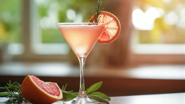 C&oacute;ctel elegante de toronja con romero en copa de Martini