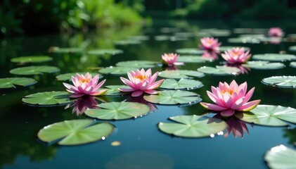 Water lilies forming floral pattern across still lake, pattern, organic