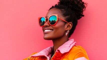 "Woman wearing sunglasses, red lipstick, a jacket, and sunglasses while standing against a pink background."