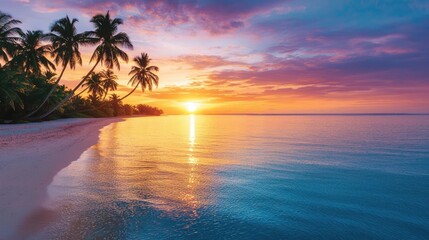 Sunset over ocean landscapes idea. A serene beach at sunset, showcasing vibrant colors and tranquil waters.