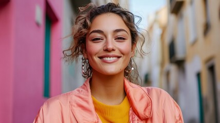 A young woman posing for a portrait with pink buildings as background.