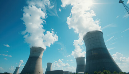 Cooling towers release steam into sky, showcasing industrial energy production against bright blue backdrop