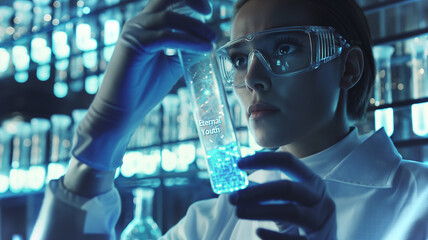 This Scientist examines glowing test tube with a groundbreaking youth-extension gene.