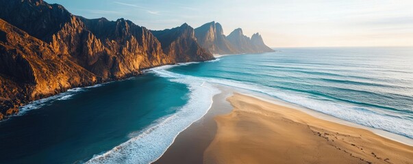 Naklejka premium Seaside cliffs landscapes idea. Stunning aerial view of a serene beach meeting calm coastal waters at sunset.