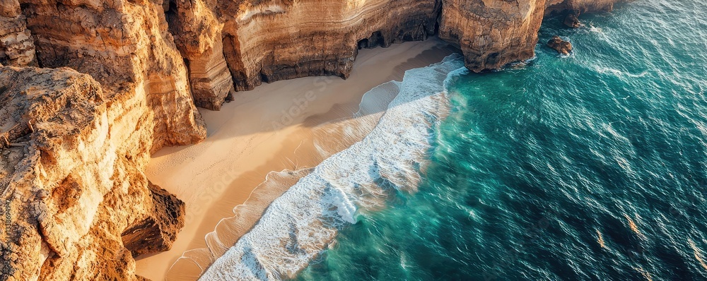 Poster seaside cliffs landscapes idea. aerial view of a stunning coastline with cliffs and crystal clear wa