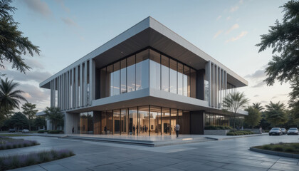 Modern architectural design showcases sleek building with large glass windows, surrounded by palm trees and spacious plaza