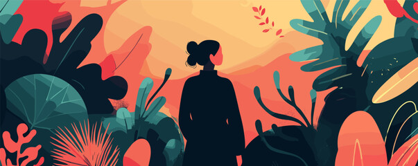 Silhouette of a woman in a colorful abstract jungle at sunset with bold leaves.
