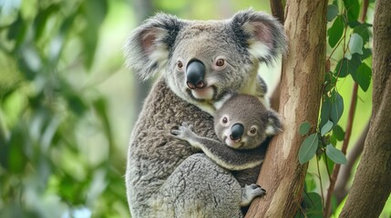 Koala mother and joey in a tree