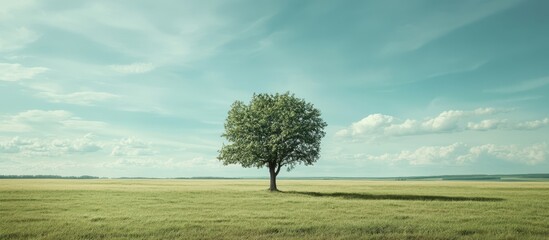 Solitary Tree on Open Field Under Blue Sky and White Clouds