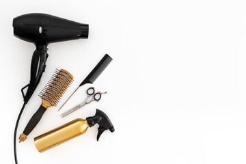 Set of combs, scissors and hair dryer, hairdresser tools set, top view