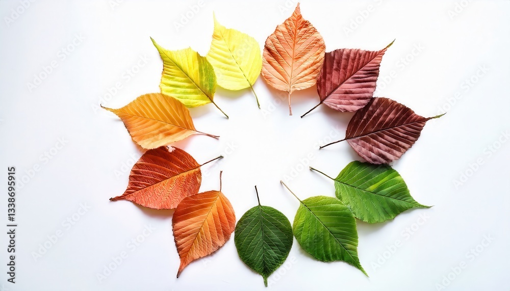 Poster circle of autumn transformation: gradient of seasonal leaf color change from green to red in artistic radial pattern

