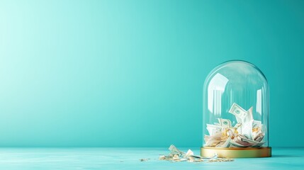 This striking image features a glass dome filled with various currencies, emphasizing financial abundance and security against a captivating turquoise backdrop.