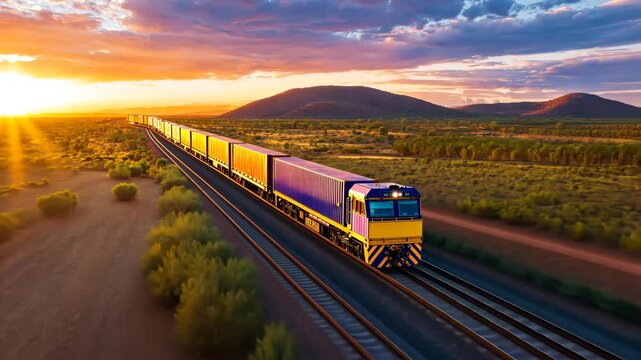 Daytime view of a freight train wagon loaded with colorful shipping containers.