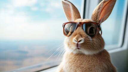 A trendy rabbit confidently poses with sunglasses by an airplane window, capturing the essence of travel and adventure, inspiring wanderlust and freedom.
