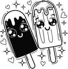 Cute Cartoon Popsicles with Smiling Faces and Sparkling Stars Art