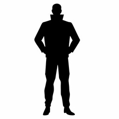 Silhouette of a businessman in a suit with a hat, standing and walking, representing a professional person in a shadowy illustration