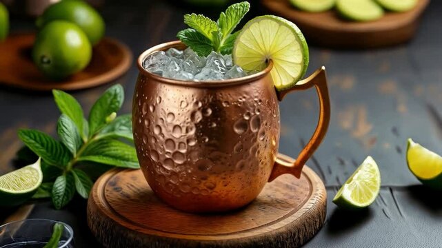 Moscow Mule servido en taza de cobre con hielo, lima y menta