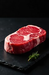 Fresh raw beef steak on black slate stone with rosemary