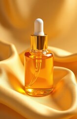 Naklejka premium Elegant cosmetic bottle resting on luxurious golden silk, vertical composition